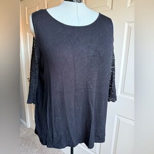 Roz & Ali Black Cold-Shoulder Lace Sleeve Lightweight Sweater Size 3X